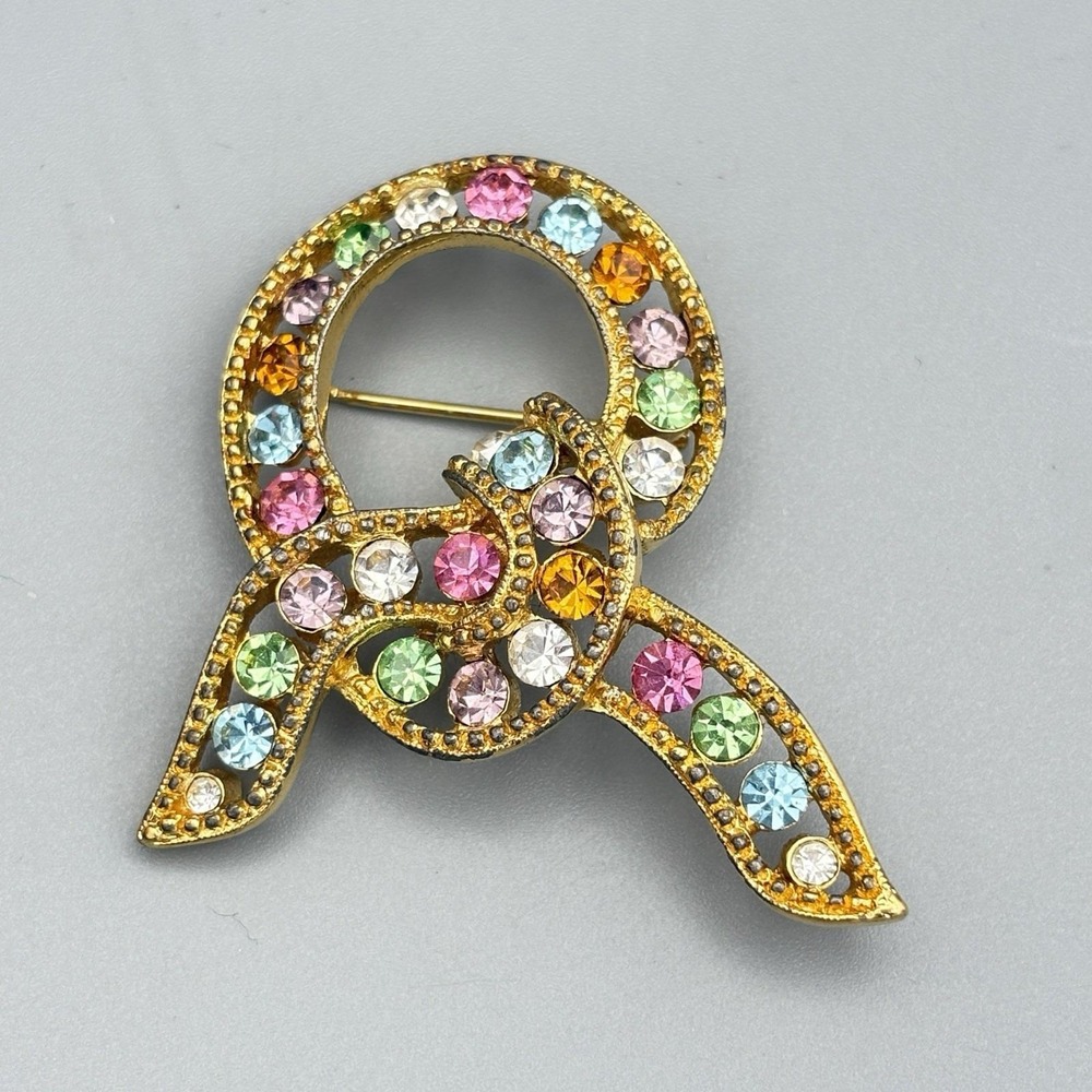 Joan Rivers Multi-Color Rhinestone Bow Brooch Gold Tone Knot Elegant Statement